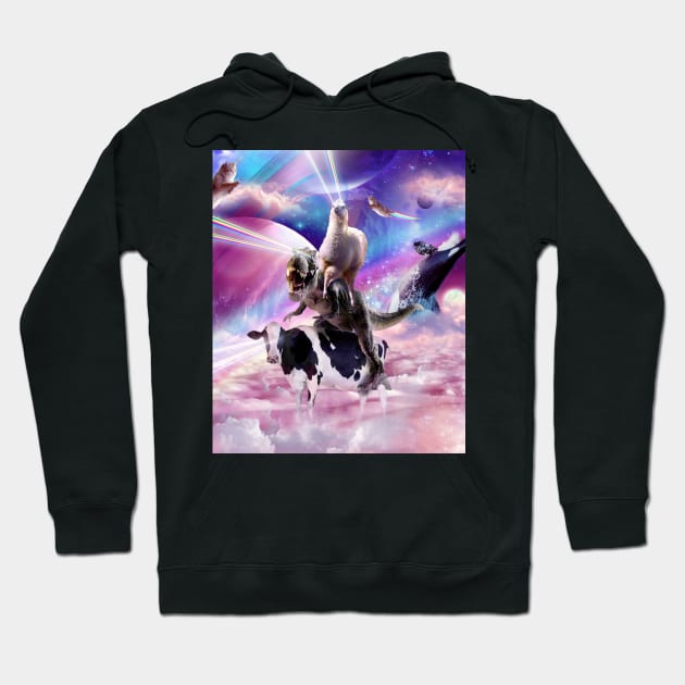 Laser Eyes Space Llama On Dinosaur Cow - Rainbow Hoodie by Random Galaxy